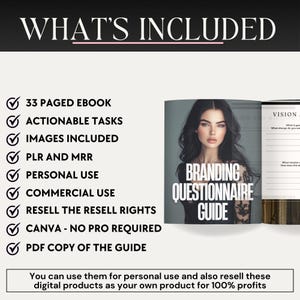 May include: A checklist of what's included in a branding questionnaire guide. The checklist includes a 33-page ebook, actionable tasks, images, PLR and MRR, personal and commercial use, resell rights, Canva templates, and a PDF copy of the guide. The guide is for branding and includes a vision and mission section.