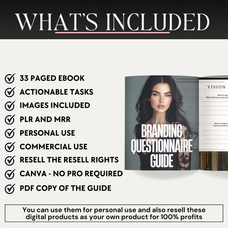 May include: A checklist of what's included in a branding questionnaire guide. The checklist includes a 33-page ebook, actionable tasks, images, PLR and MRR, personal and commercial use, resell rights, Canva templates, and a PDF copy of the guide. The guide is for branding and includes a vision and mission section.