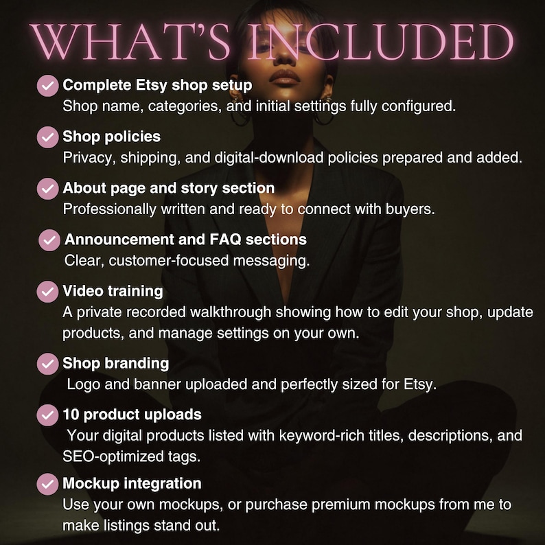 May include: Image with the text "WHAT'S INCLUDED" and a list of Etsy shop setup services. Includes shop setup, policies, about page, announcement sections, video training, branding, product uploads, and mockup integration. A person is in the background.