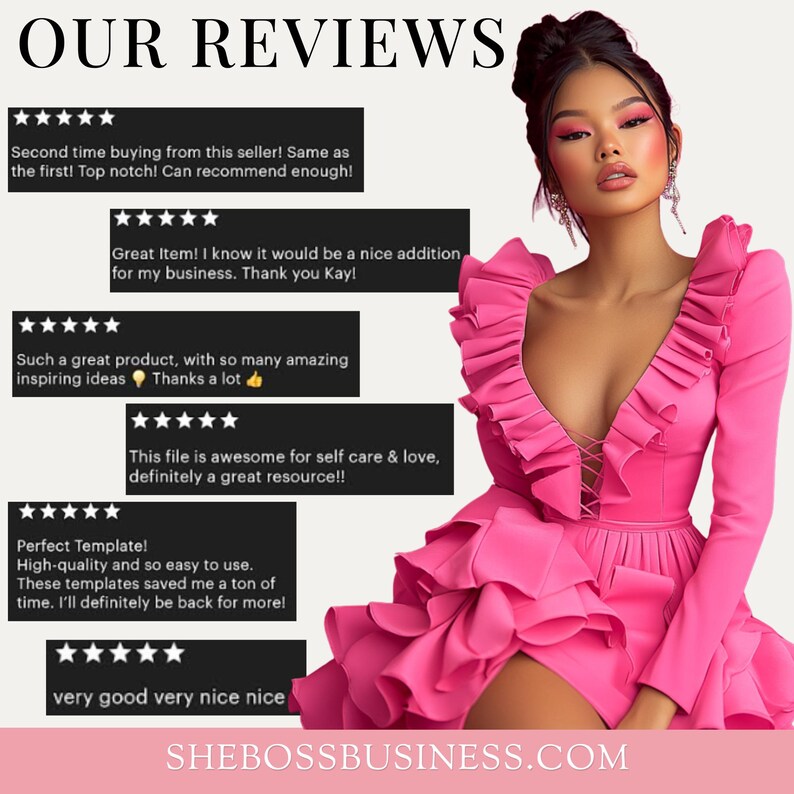 May include: A collection of positive customer reviews for a business called "Shebossbusiness.com". The reviews are displayed in black text boxes with a five-star rating system. The reviews highlight the quality of the products and services offered by the business.