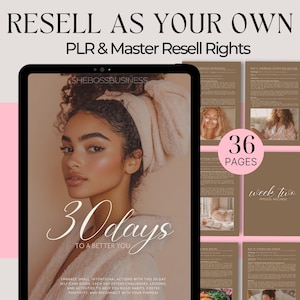 Op de afbeelding: Een digitale productcover met een vrouw met krullend haar die een handdoek op haar hoofd draagt. De cover is voor een 30-daagse zelfzorg-gids met de titel "30 dagen naar een betere jij". De cover bevat ook de tekst "Verkoop als je eigen PLR & Master Resell Rights" en "36 pagina's".