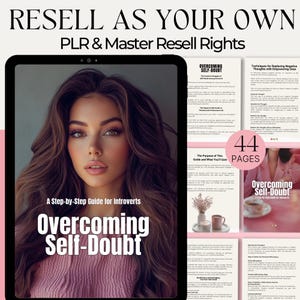 May include: A digital product cover featuring a woman with long brown hair and a pink sweater. The cover text reads "Overcoming Self-Doubt: A Step-by-Step Guide for Introverts". The cover also includes a preview of the guide's content, which includes 44 pages of information on overcoming self-doubt.
