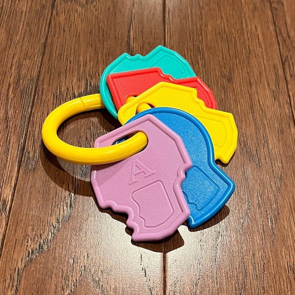 Vintage 1990s Evenflo Rattle and Teether ABCDE Baby Keys on Ring, Multicolored Plastic Keys Clacker Toy, Spalding & Evenflo Companies, Inc.