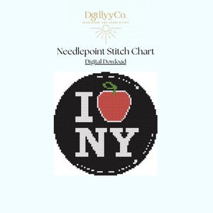 Peut inclure: Diagramme de point de croix avec un motif de cercle noir avec le texte "I NY" et une pomme rouge. Le diagramme est un téléchargement numérique de DgillyyCo.