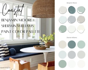 May include: A coastal-themed paint color palette featuring Benjamin Moore and Sherwin-Williams paint colors. The palette includes a variety of neutral and blue-green shades.