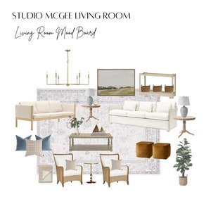 Puede incluir: Un tablero de inspiración para una sala de estar con un sofá blanco, dos sillones, una mesa de centro, una alfombra, una lámpara de araña, una lámpara, dos otomanas, una planta y un estante con cestas. El texto "Studio McGee Living Room" y "Living Room Mood Board" está en la parte superior de la imagen.