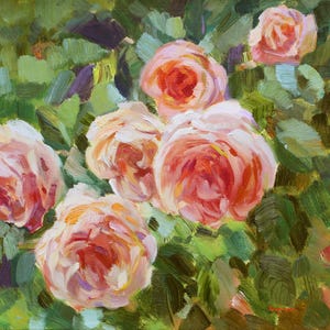 Red rose buttons. Impressionist original floral art, oil painting on canvas