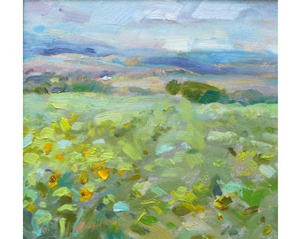 Endless lettuce-colored springtime fields of Utah. Original impressionist art, oil painting on canvas