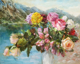 Ein Strauß Rosen. Original impressionistische Blumenkunst, Stillleben, Ölgemälde auf Leinwand