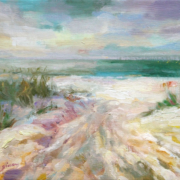 Beach of Witches. Sunset at sand dunes. Coast of Baltic Sea. Original impressionist art, oil painting on canvas