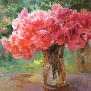 Red blossoms of roses. Original impressionist still-life floral art, oil painting on canvas