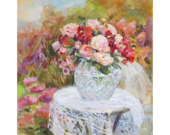 Vase of roses. Original impressionist still life art, oil painting on canvas