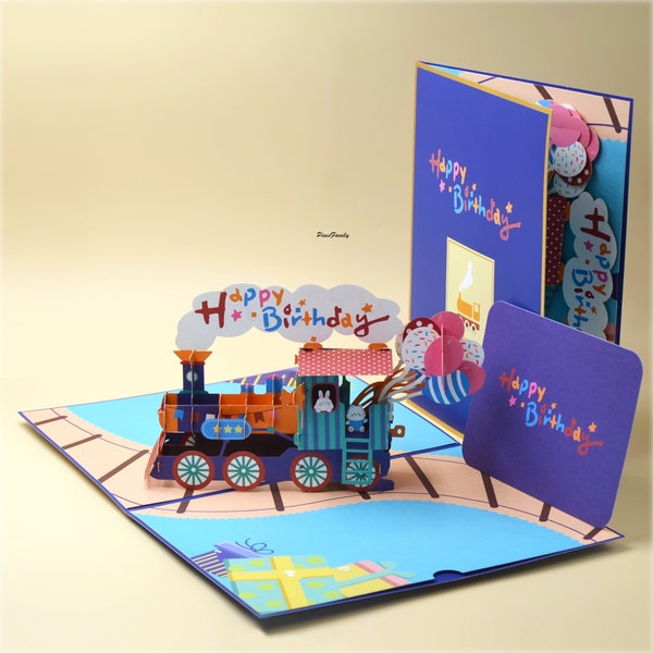 H01-3D Pop out Little Train Birthday Card | Immediate Ship Within US