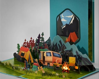 J13-3D Pop Up Camping Vacation in Valley 3D Card