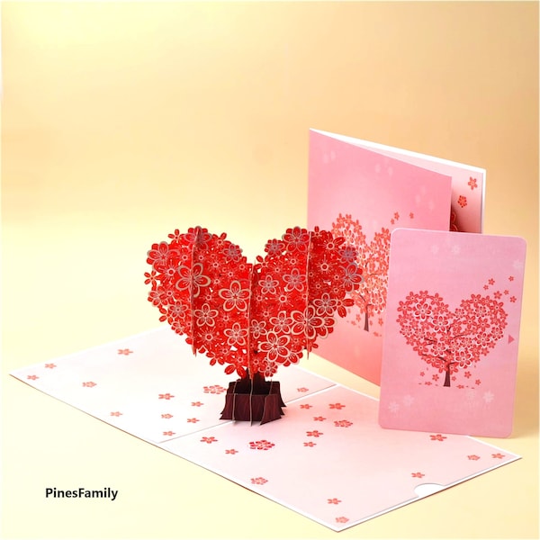 G07-3D Pop Up Heart Shape Flower Tree Greeting Card -  Card with Blossoming Love, Valentine's Day, Anniversary, Birthday, All Occasions