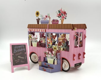 F02-3D Pop Up Flower Cart  Greeting Card for flower lovers! Birthday | Mother's day | Valentine's Day| Greeting, All Occasions
