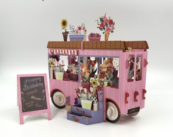 F02-3D Pop Up Flower Cart  Greeting Card for flower lovers! Birthday | Mother's day | Valentine's Day| Greeting, All Occasions