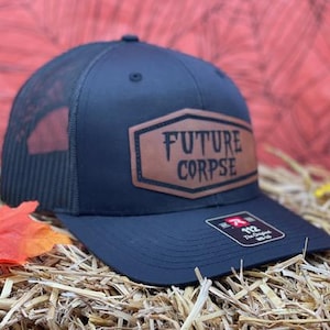 Future Corpse Coffin Trucker Hat | Sewn Black Leatherette Patch, Goth Punk Style
