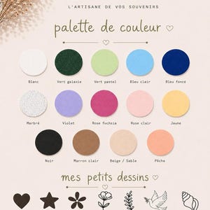 May include: A color palette chart titled R&ecirc;ve des Bois featuring fifteen circular color swatches including white, dark green, pastel green, blue, navy, marble, violet, fuchsia, pink, yellow, black, brown, beige, and peach, plus seven black icons.
