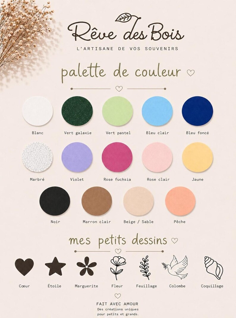 May include: A color palette chart titled R&ecirc;ve des Bois featuring fifteen circular color swatches including white, dark green, pastel green, blue, navy, marble, violet, fuchsia, pink, yellow, black, brown, beige, and peach, plus seven black icons.