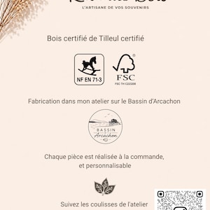 May include: A white informational card featuring the brown text R&ecirc;ve des Bois, L'Artisane de vos souvenirs, and Bois certifi&eacute; de Tilleul certifi&eacute;. It includes NF EN 71-3 and FSC logos, a Bassin d'Arcachon graphic, and an Instagram QR code for @revedesbois.