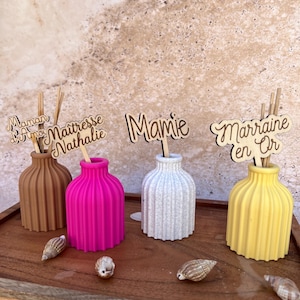 May include: Four small, ribbed, cylindrical vases in brown, hot pink, white speckled, and yellow. Each vase holds wooden sticks with laser-cut wooden toppers featuring the French text Maman d'Amour, Ma&icirc;tresse Nathalie, Mamie, and Marraine en Or.