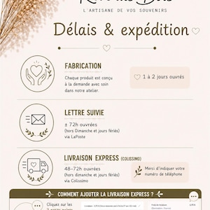 May include: An informational graphic with the text "R&ecirc;ve des Bois" and "Delais & exp&eacute;dition". It details production time, tracked letter delivery, and express delivery options. Includes icons and instructions for adding express shipping.