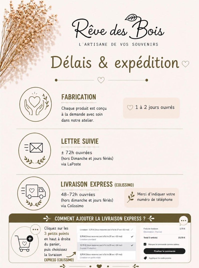 May include: An informational graphic with the text "R&ecirc;ve des Bois" and "Delais & exp&eacute;dition". It details production time, tracked letter delivery, and express delivery options. Includes icons and instructions for adding express shipping.