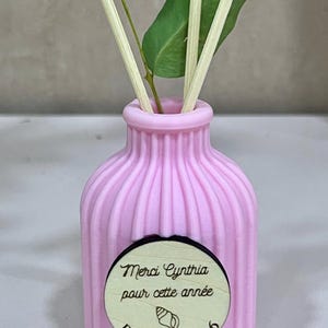 May include: A light pink ribbed diffuser bottle with three wooden reeds and green leaves. A circular wooden tag is attached to the front, featuring the text "Merci Cynthia pour cette ann&eacute;e", a small seashell icon, and the text "Paul F 2025/2026".