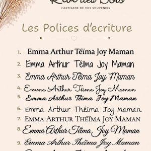 May include: A beige informational chart titled R&ecirc;ve des Bois L'Artisane de vos souvenirs and Les Polices d'ecriture, displaying ten numbered lines of text featuring the names Emma, Arthur, T&eacute;&iuml;ma, Joy, and Maman in various distinct font styles.