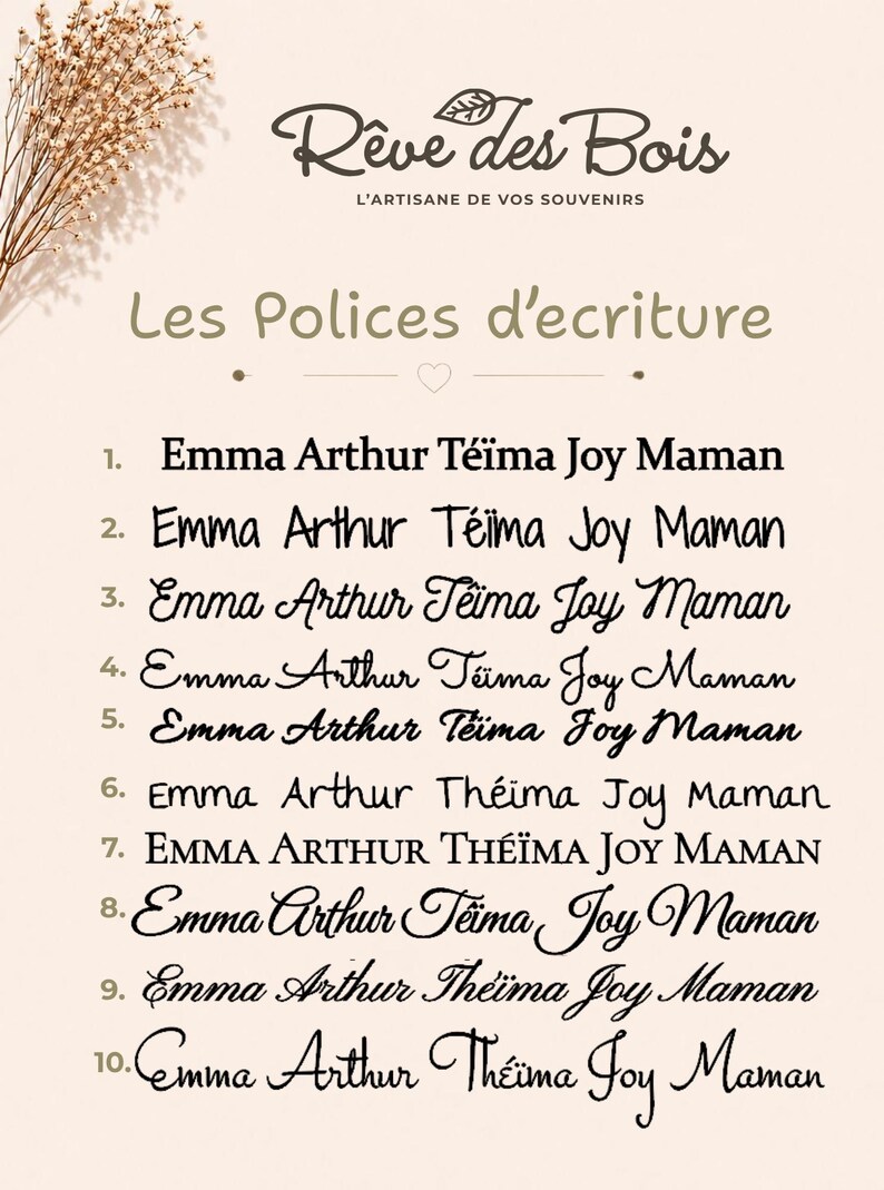 May include: A beige informational chart titled R&ecirc;ve des Bois L'Artisane de vos souvenirs and Les Polices d'ecriture, displaying ten numbered lines of text featuring the names Emma, Arthur, T&eacute;&iuml;ma, Joy, and Maman in various distinct font styles.