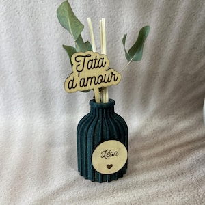 May include: A dark green ribbed diffuser bottle featuring a circular wooden tag with the name L&eacute;an and a small heart icon. A wooden topper with the text Tata d'amour is inserted into the bottle along with several reed sticks and green leaves.