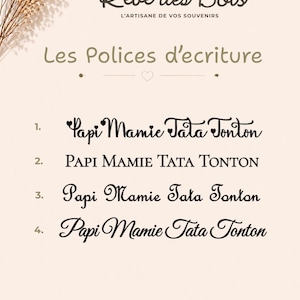 May include: Image showcasing four different font styles for the text "Papi Mamie Tata Tonton". The fonts are displayed in black on a light beige background, with the brand logo "R&ecirc;ve des Bois" at the top.