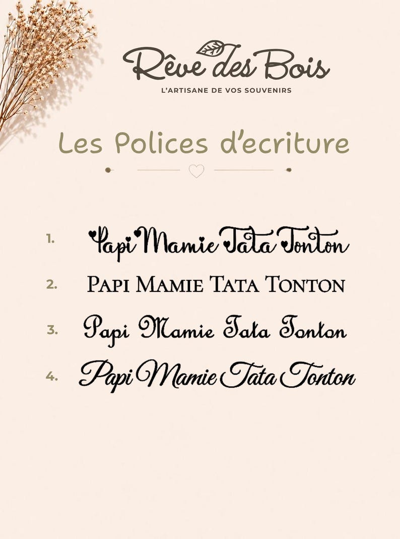 May include: Image showcasing four different font styles for the text "Papi Mamie Tata Tonton". The fonts are displayed in black on a light beige background, with the brand logo "R&ecirc;ve des Bois" at the top.