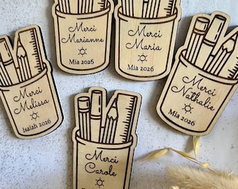 Personalized pencil holder magnet, end-of-year teacher gift, laser-engraved wooden magnet, engraved name, school gift, thank you teacher
