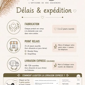 May include: An informational graphic titled R&ecirc;ve des Bois L'ARTISANE DE VOS SOUVENIRS featuring sections on production times, relay point delivery, and express shipping options with icons of a heart, shop, and truck on a light beige background.
