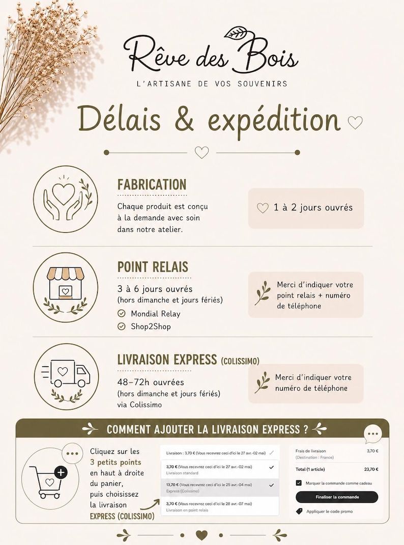 May include: An informational graphic titled R&ecirc;ve des Bois L'ARTISANE DE VOS SOUVENIRS featuring sections on production times, relay point delivery, and express shipping options with icons of a heart, shop, and truck on a light beige background.