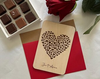 Carte Saint valentin Coeur Je t'aime, en bois gravée personnalisée