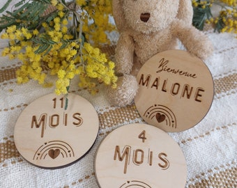 Round wooden baby milestone cards rainbow model, Personalized birth gift for future mother