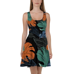 Women&#39;s Skater Dress, Leaf Print Skater Dress, Sleeveless Skater Dress, Casual Skater Dress, Summer Dress, Skater Dress, Gift for Her