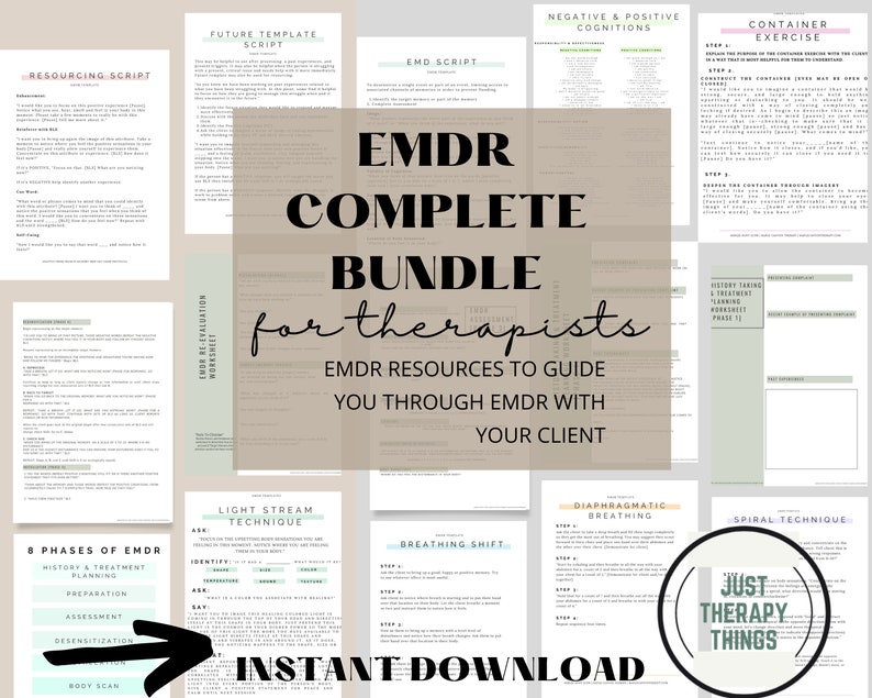 May include: A digital download bundle for therapists, titled "EMDR Complete Bundle for Therapists". The bundle includes resources to guide therapists through EMDR with their clients. The resources include worksheets, scripts, and techniques. The bundle is available for instant download.
