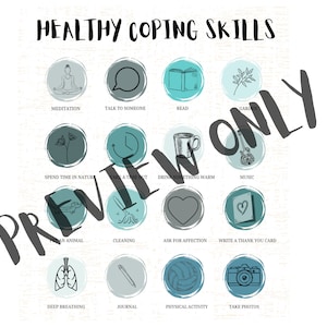 May include: A printable chart with a list of healthy coping skills. The chart has 16 circles with illustrations and text. The text includes: Meditation, Talk to Someone, Read, Garden, Spend Time in Nature, Take a Time Out, Drink Something Warm, Music, Pet an Animal, Cleaning, Ask for Affection, Write a Thank You Card, Deep Breathing, Journal, Physical Activity, and Take Photos.