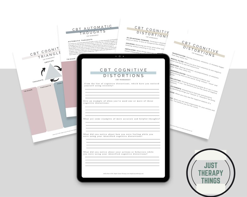 Puede incluir: Una tableta digital que muestra una hoja de trabajo titulada "Distorsiones Cognitivas TCC" con preguntas sobre la identificaci&oacute;n y la gesti&oacute;n de los pensamientos negativos. La hoja de trabajo forma parte de un conjunto de recursos imprimibles para la terapia cognitivo-conductual (TCC).