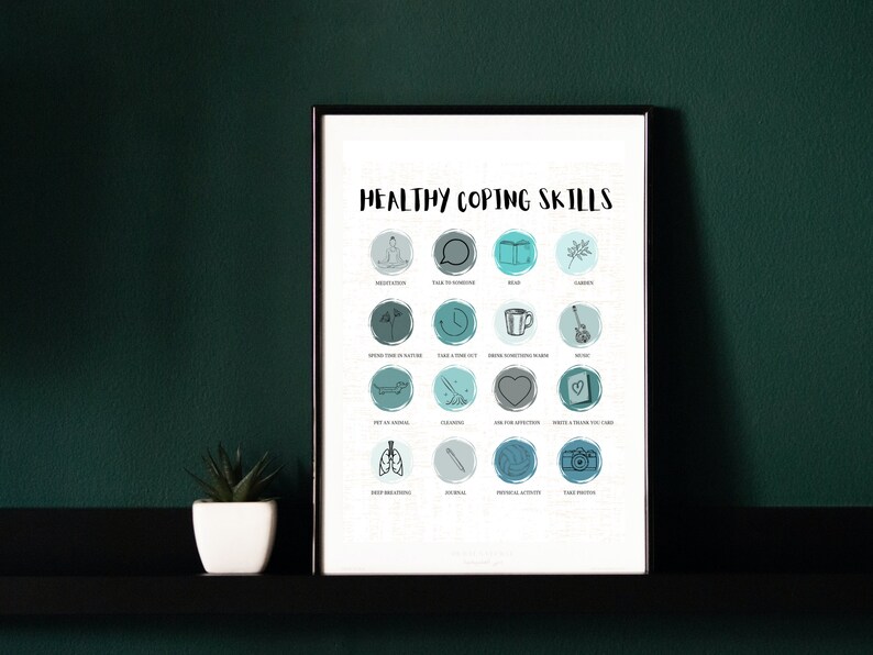 May include: A framed poster with the title "Healthy Coping Skills" and a list of coping mechanisms illustrated with icons. The icons include things like deep breaths, taking a time out, reading, and journaling.