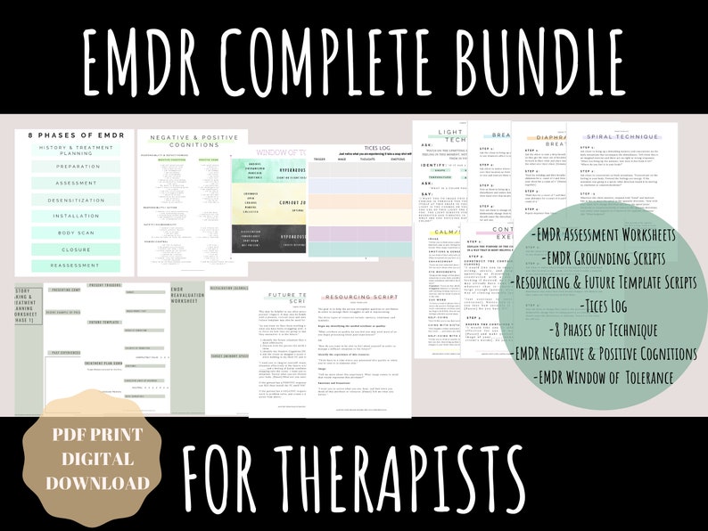 Pu&ograve; includere: Un pacchetto di download digitale per terapeuti che presenta tecniche EMDR. Il pacchetto include fogli di lavoro, script e un registro TICES. Il testo "EMDR Complete Bundle for Therapists" &egrave; visualizzato in caratteri grandi e grassetto.