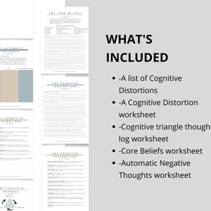 Puede incluir: Un conjunto de hojas de trabajo imprimibles para la terapia cognitivo-conductual (TCC) con el t&iacute;tulo "Qu&eacute; est&aacute; incluido". El conjunto incluye hojas de trabajo para distorsiones cognitivas, creencias centrales, pensamientos negativos autom&aacute;ticos y un registro de pensamientos del tri&aacute;ngulo cognitivo.