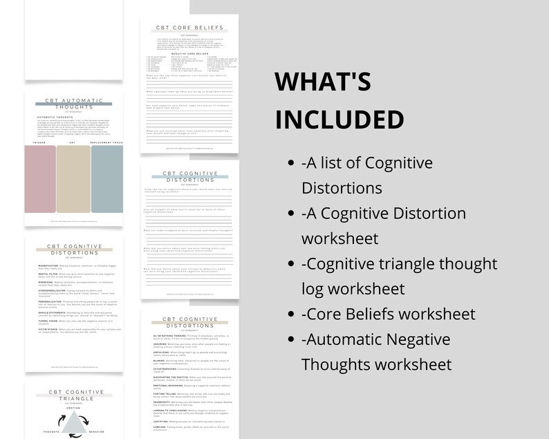 Puede incluir: Un conjunto de hojas de trabajo imprimibles para la terapia cognitivo-conductual (TCC) con el t&iacute;tulo "Qu&eacute; est&aacute; incluido". El conjunto incluye hojas de trabajo para distorsiones cognitivas, creencias centrales, pensamientos negativos autom&aacute;ticos y un registro de pensamientos del tri&aacute;ngulo cognitivo.