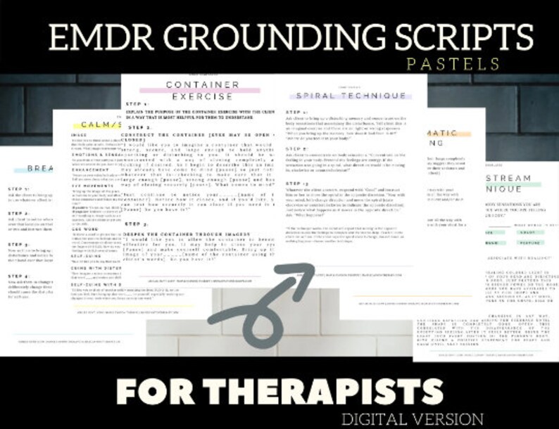 Pu&ograve; includere: Un set di script di grounding EMDR stampabili per terapeuti. Gli script sono in colori pastello e includono tecniche come l'esercizio del contenitore, la tecnica a spirale, il grounding automatico e lo stream unico.