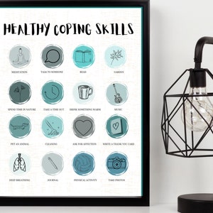May include: A printable poster with a white background and blue and gray circles. Each circle contains a black and white illustration of a coping skill, such as meditation, reading, or spending time in nature. The poster is titled "Healthy Coping Skills".