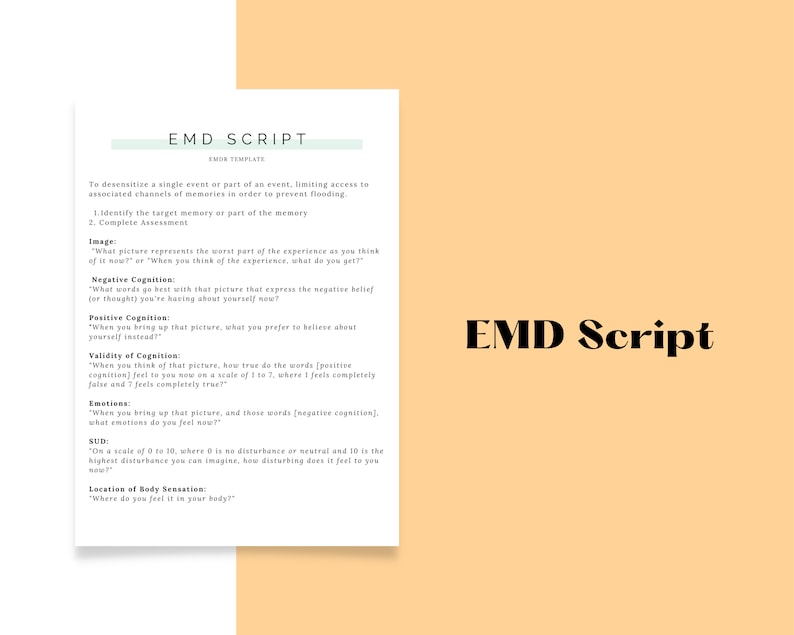 Pu&ograve; includere: Un modello di script EMD stampabile in bianco e nero con il titolo "EMD Script" e istruzioni per desensibilizzare un evento singolo o parte di un evento. Lo script include sezioni per immagine, cognizione negativa, cognizione positiva, validit&agrave; della cognizione, emozioni, SUD e posizione della sensazione corporea.
